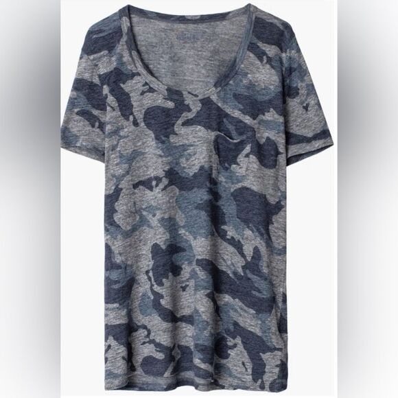 Zadig & Voltaire Awa Linen Blue Shades Blend Camo Shirt Sleeve Scoop Neck Tee XS - Picture 1 of 8